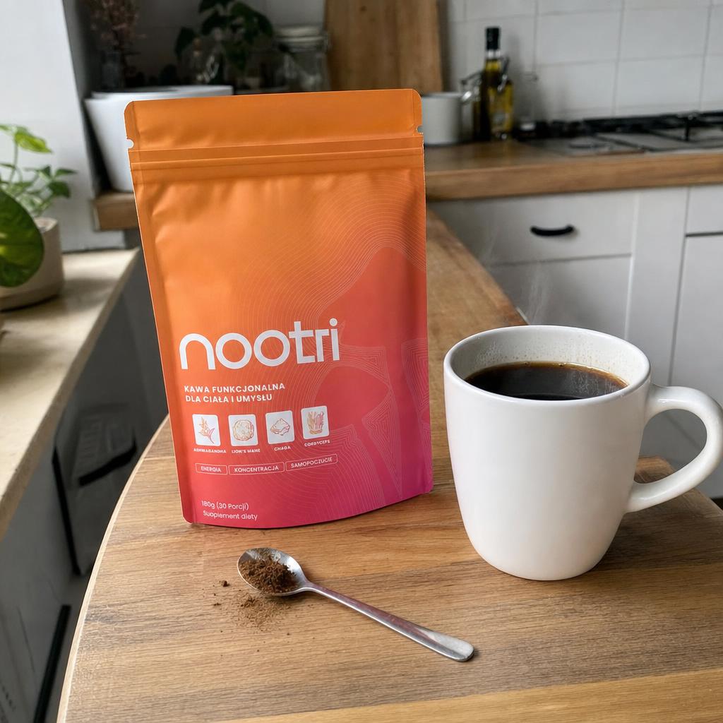 Opakowanie Nootri na kuchennym blacie obok kubka kawy